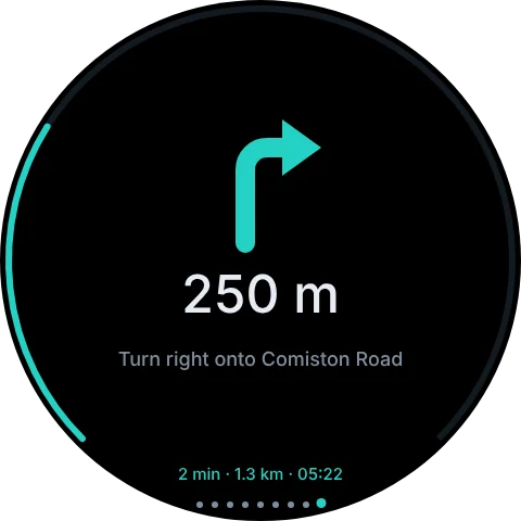 The Nav page: a right-turn arrow, 250 m, Turn right onto Comiston Road, and the arrival time along the bottom