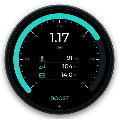 Custom page: coolant arc with oil, intake and battery readouts
