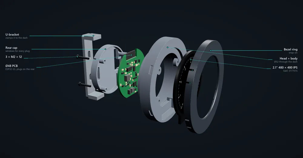 Exploded view: U-bracket, screws, rear cap, board, head and body, the glass and the bezel ring