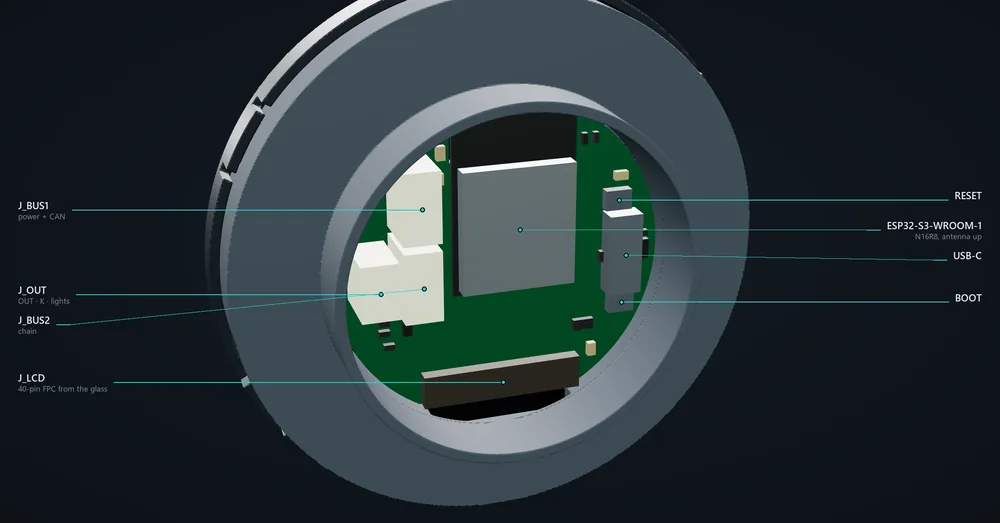 Rear cap off: the ESP32-S3 module, the glass's flex connector, USB-C and the plugs